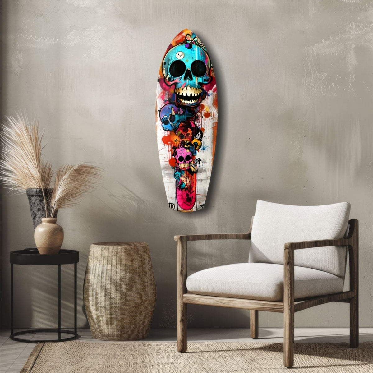 Turquoise Grin Skull Graffiti Surfboard Glass Wall Art