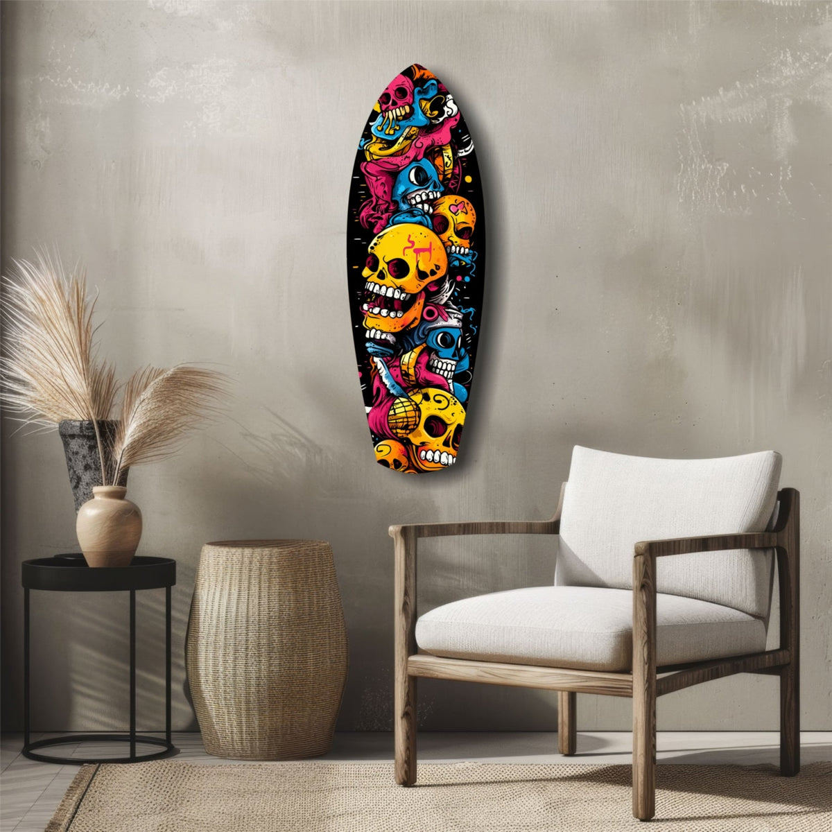 Stacked Yellow Cartoon Skulls Surfboard Glass Wall Art