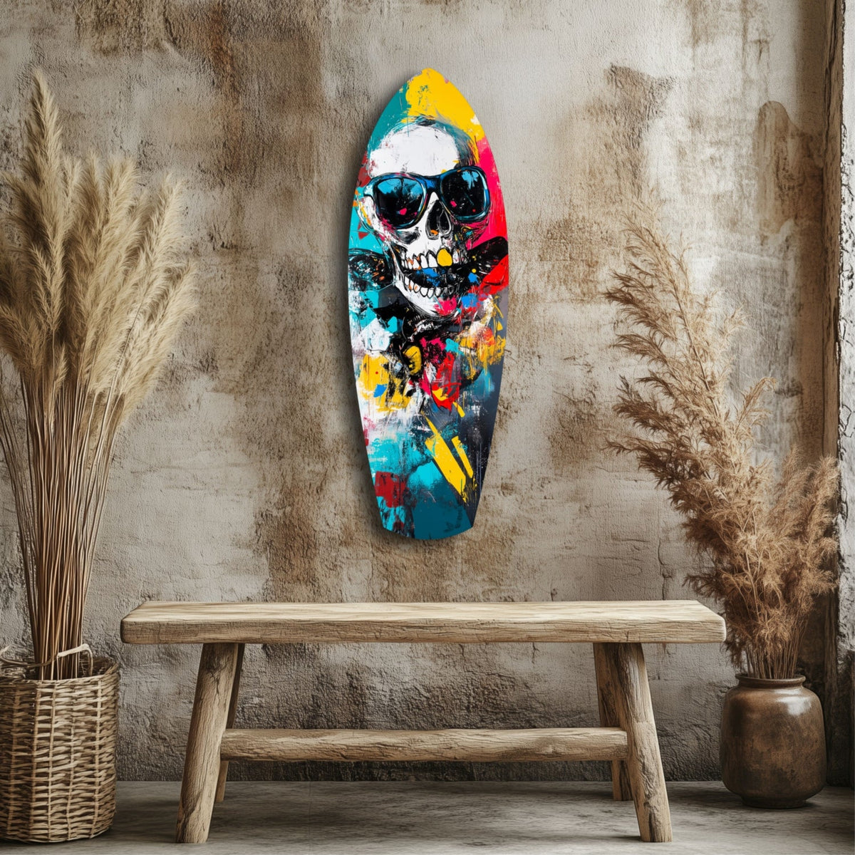 Sunglasses Skull Splatter Surfboard Glass Wall Art