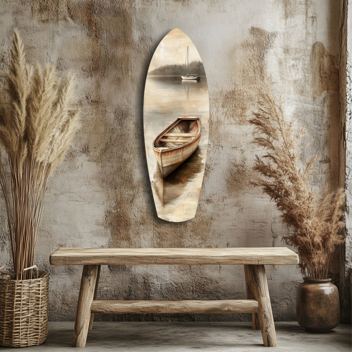 Beige Canoe and Distant Sailboat Glass Wall Art