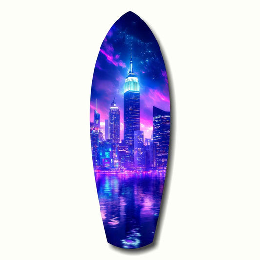 Neon Purple Skyline Night Reflection Glass Wall Art