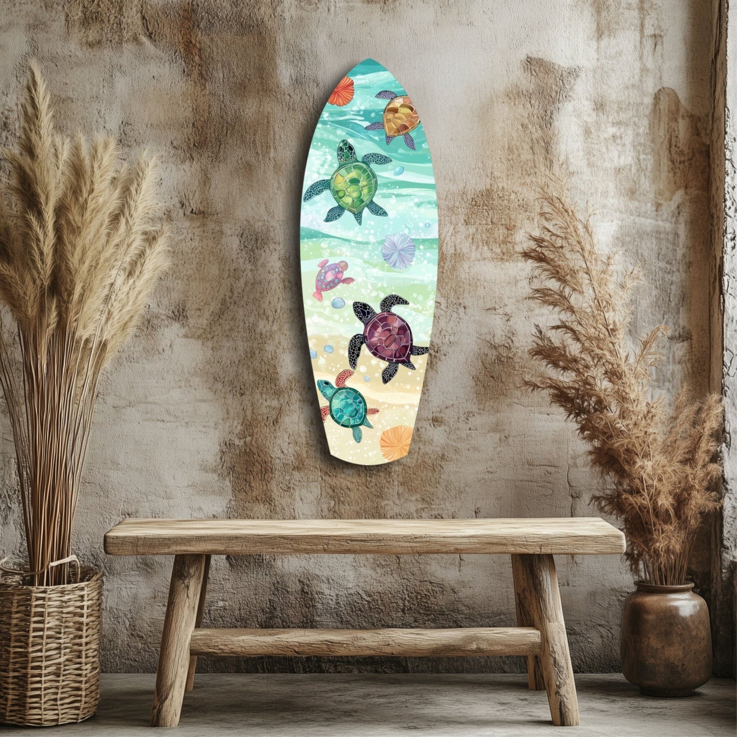 Surfboard Shaped Baby Turtles Glass Wall Art