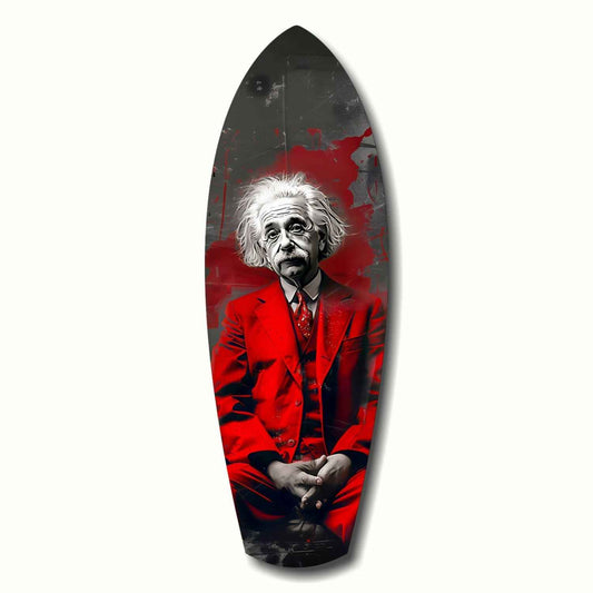 Red Suit Wild Haired Scientist Seated Glass Wall Art