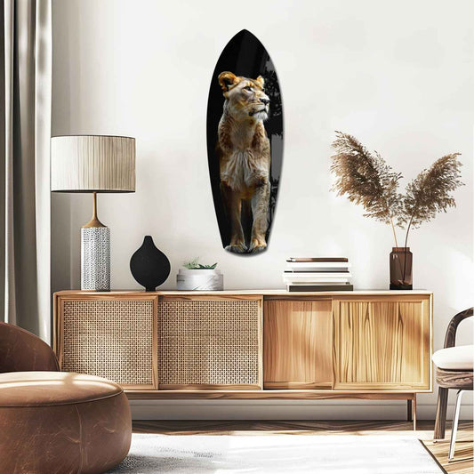 Standing Lioness Golden Portrait Glass Wall Art