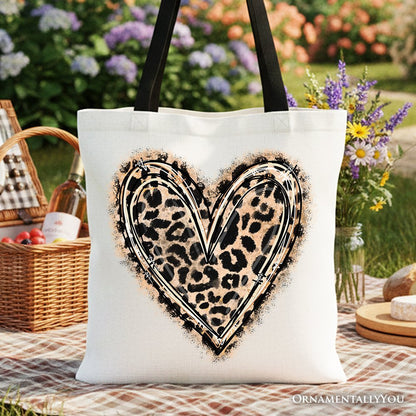 Leopard Heart Valentine Canvas Tote Bag, Love Design Shopper