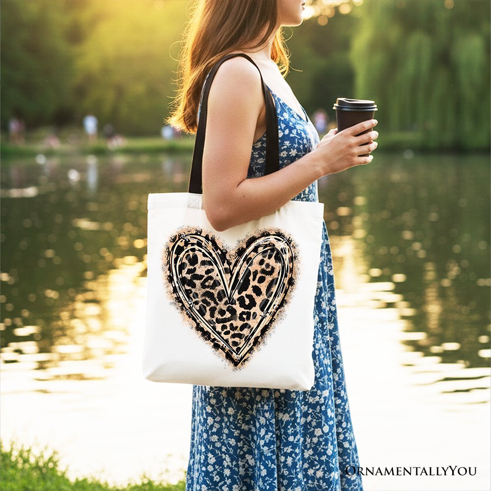 Leopard Heart Valentine Canvas Tote Bag, Love Design Shopper