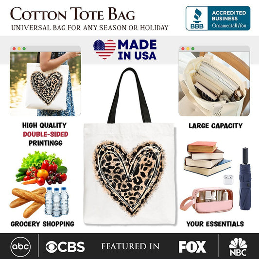 Leopard Heart Valentine Canvas Tote Bag, Love Design Shopper