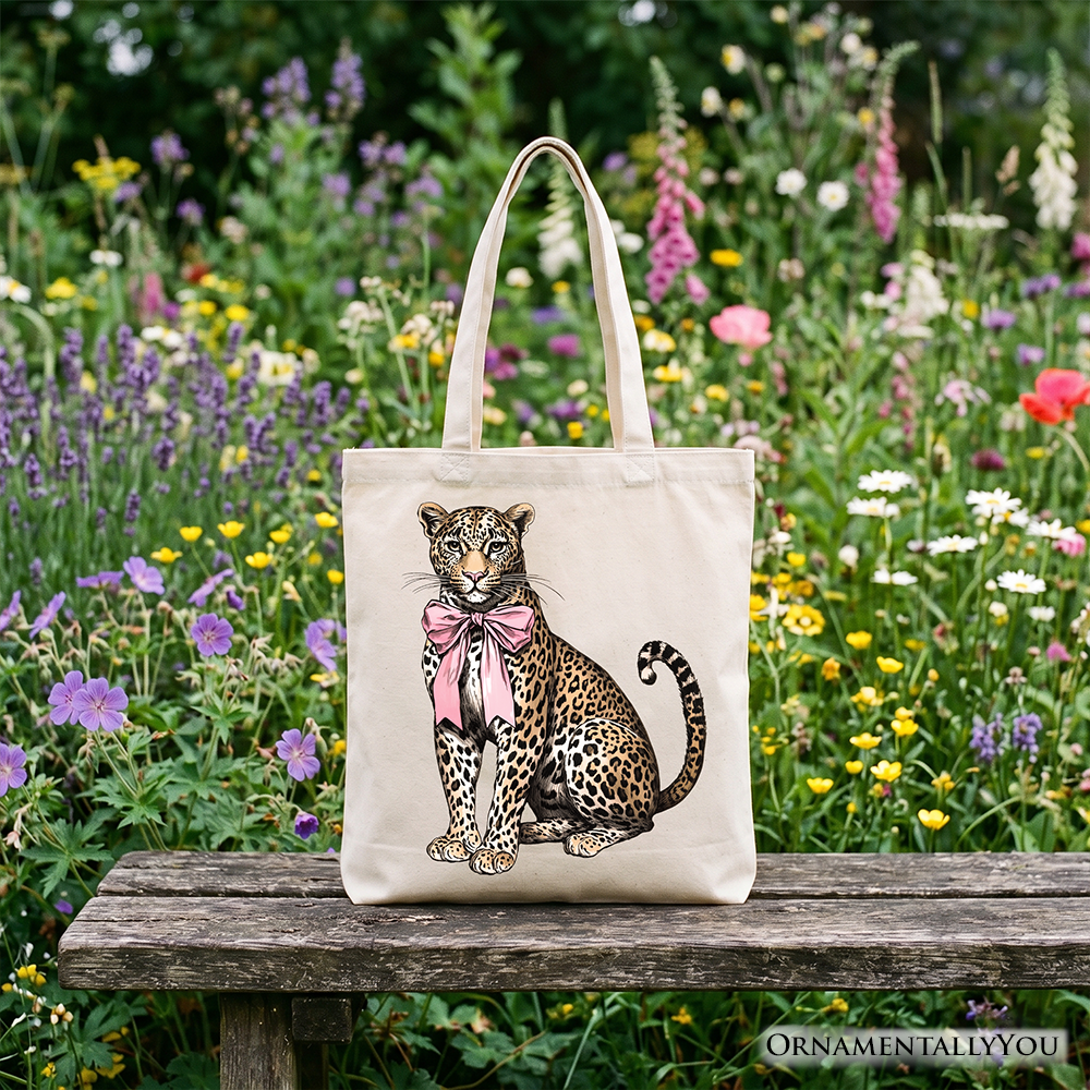 Leopard With Coquette Bow Tote Bag, Animal Trendy Preppy Gift Shopper