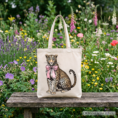 Leopard With Coquette Bow Tote Bag, Animal Trendy Preppy Gift Shopper