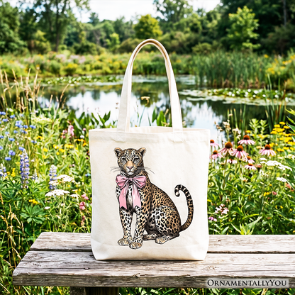 Leopard With Coquette Bow Tote Bag, Animal Trendy Preppy Gift Shopper