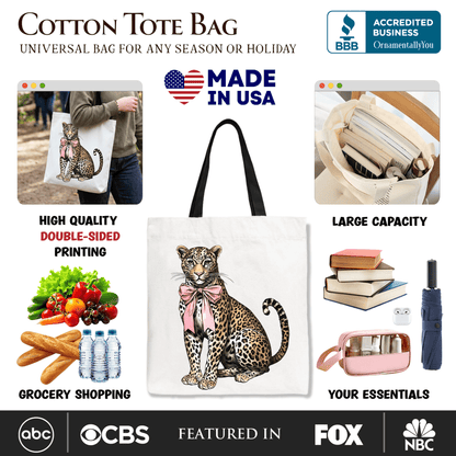 Leopard With Coquette Bow Tote Bag, Animal Trendy Preppy Gift Shopper