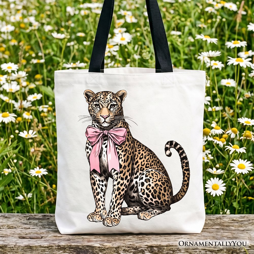 Leopard With Coquette Bow Tote Bag, Animal Trendy Preppy Gift Shopper