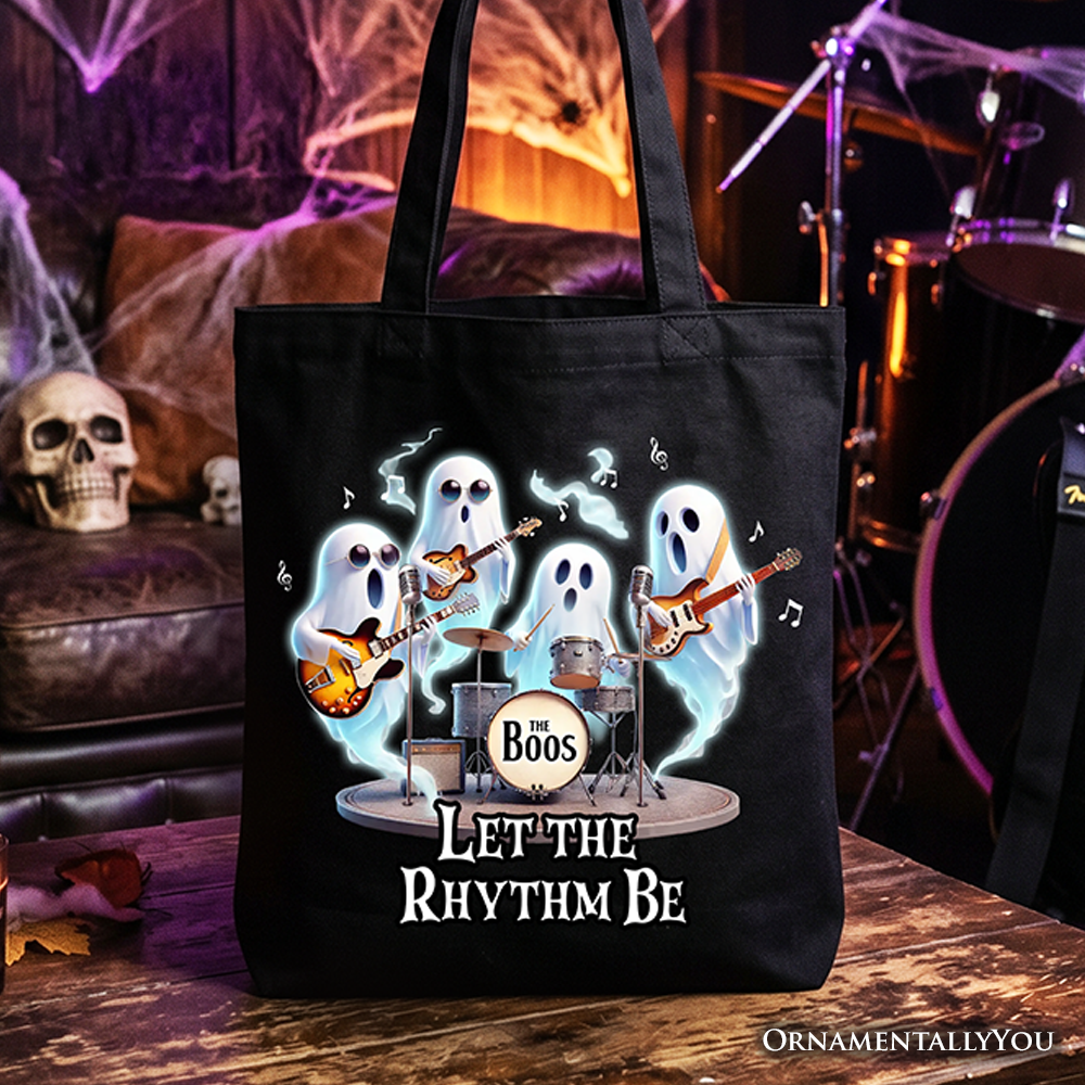 Let the Rhythm Be Ghost Band Tote Bag, Whimsical Music Gift Shopper for Guitar Rock Style People