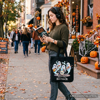 Let the Rhythm Be Ghost Band Tote Bag, Whimsical Music Gift Shopper for Guitar Rock Style People