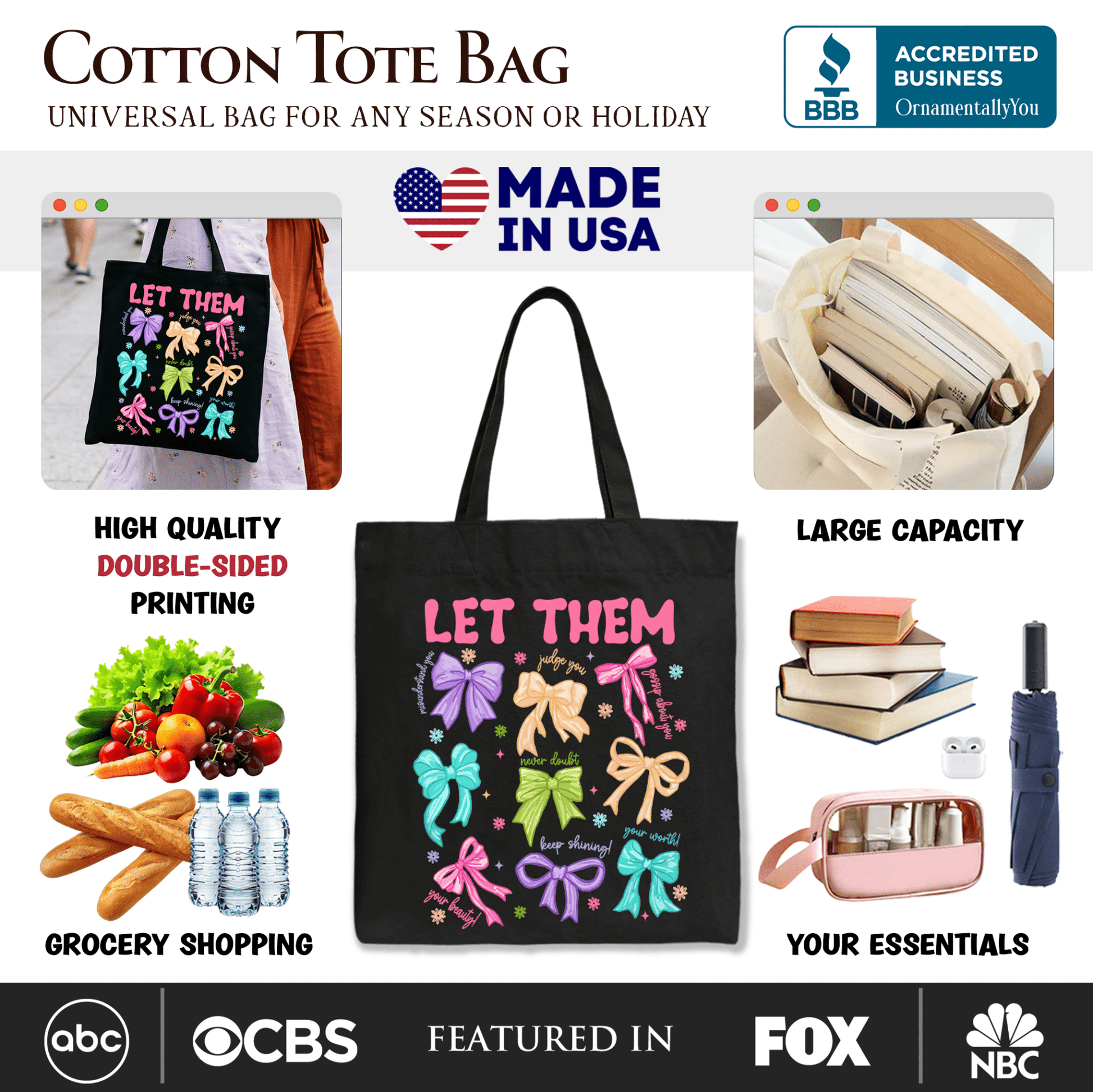 Let Them Coquette Bow Motivational Tote Bag, Inspirational Mental Health Gift Shopper