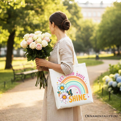 Let Your Soul Shine Rainbow Tote Bag, Retro Pastel Floral Feel Good Gift Shopper