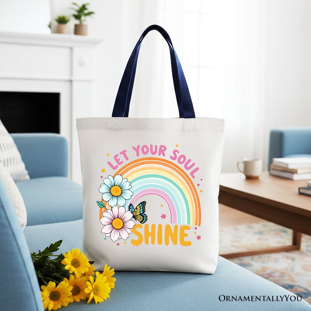 Let Your Soul Shine Rainbow Tote Bag, Retro Pastel Floral Feel Good Gift Shopper