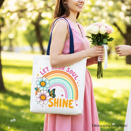 Let Your Soul Shine Rainbow Tote Bag, Retro Pastel Floral Feel Good Gift Shopper