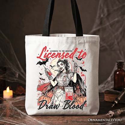 Licensed to Draw Blood Halloween Nurse Tote Bag, Groovy Gift Shopper for Spooky Season