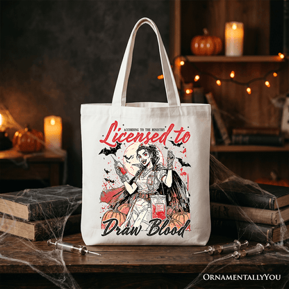Licensed to Draw Blood Halloween Nurse Tote Bag, Groovy Gift Shopper for Spooky Season