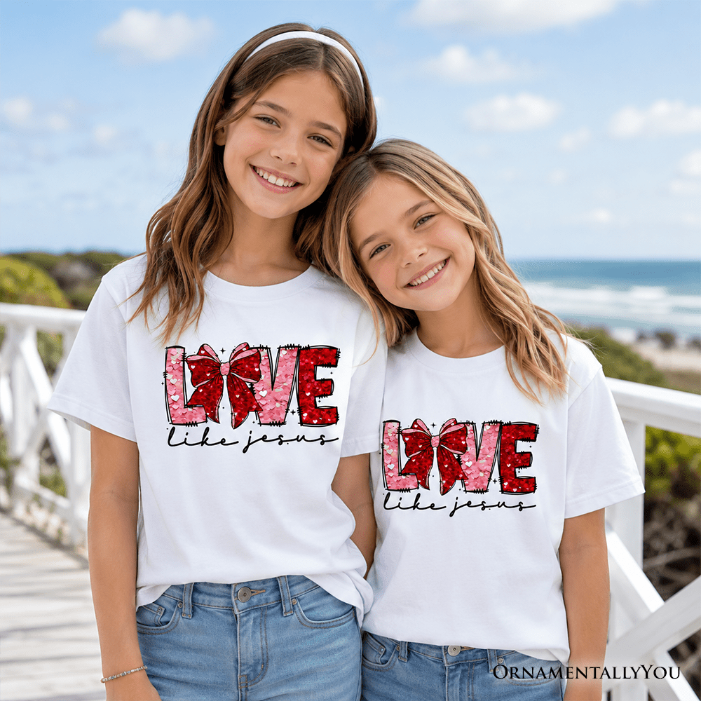 Love Like Jesus Kids Valentine T-Shirt, Coquette Bow Christian Hearts Tee for Youth