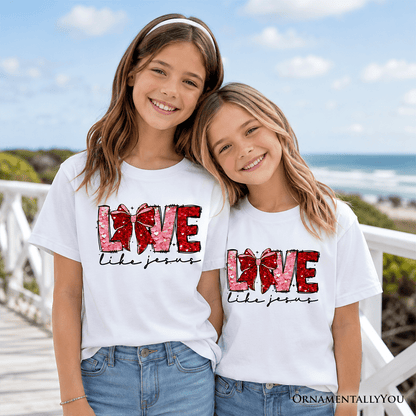 Love Like Jesus Kids Valentine T-Shirt, Coquette Bow Christian Hearts Tee for Youth