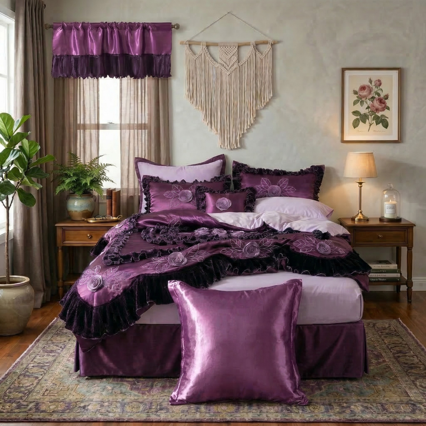 Tache Satin Ruffle Dark Purple Midnight Bloom Euro Sham (BM6438)