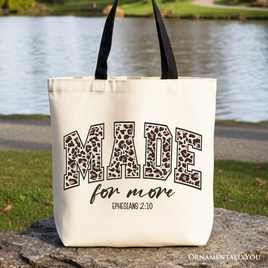 Made For More Christian Canvas Tote Bag, Ephesians 2:10 Leopard Faith Bible Verse Easter Gift Shopper