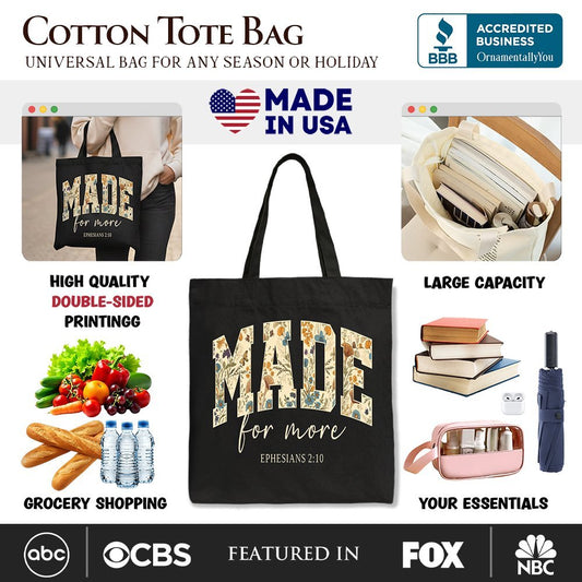 Made For More Ephesians 2:10 Floral Faithful Christians Canvas Tote Bag, Jesus Bible Verse Gift Shopper