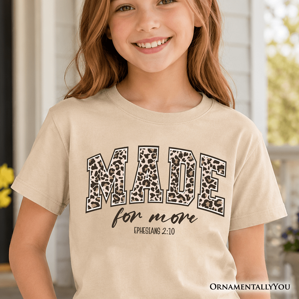 Made For More Kids Christian T-Shirt, Ephesians 2:10 Leopard Faith Bible Verse Easter Tee for Youth