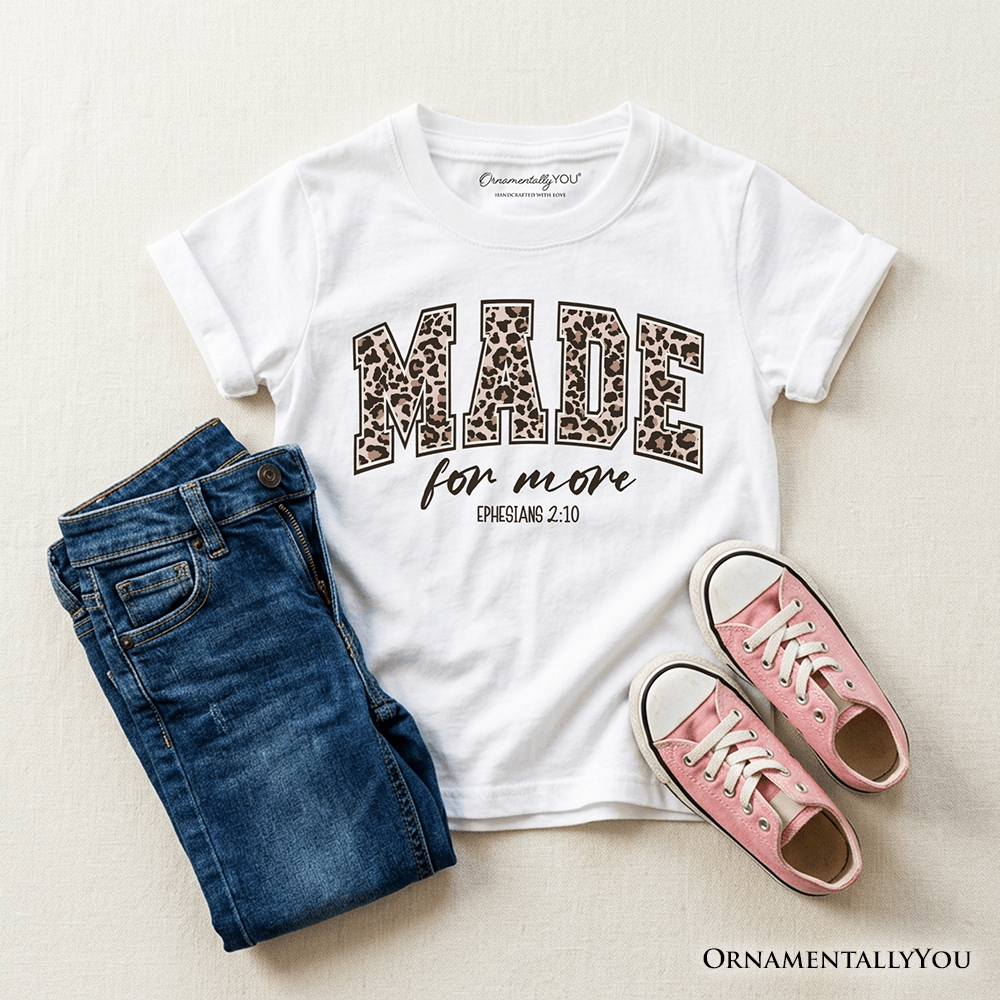Made For More Kids Christian T-Shirt, Ephesians 2:10 Leopard Faith Bible Verse Easter Tee for Youth