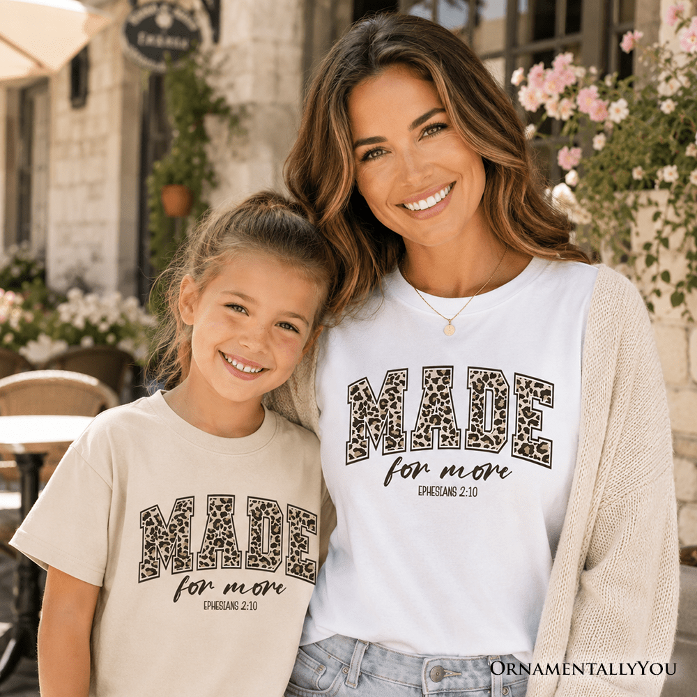 Made For More Kids Christian T-Shirt, Ephesians 2:10 Leopard Faith Bible Verse Easter Tee for Youth