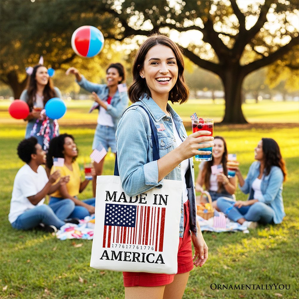 Made In America Bar Code Flag Tote Bag, Patriotic 1776 USA 250th Anniversary Gift Shopper