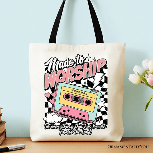 Made to Worship Christian Retro Tote Bag, Psalm 150:6 Bible Verse Gift Shopper