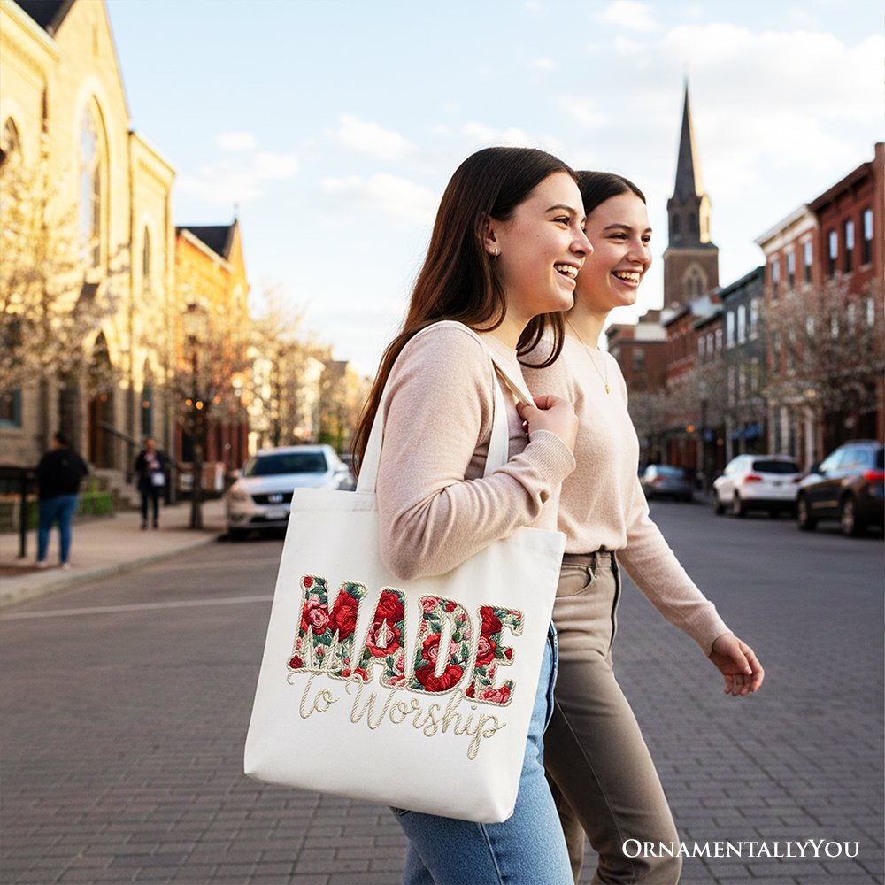 Made to Worship Printed Faux Yarn Crochet Christian Tote Bag, Floral Retro Faith Gift Shopper