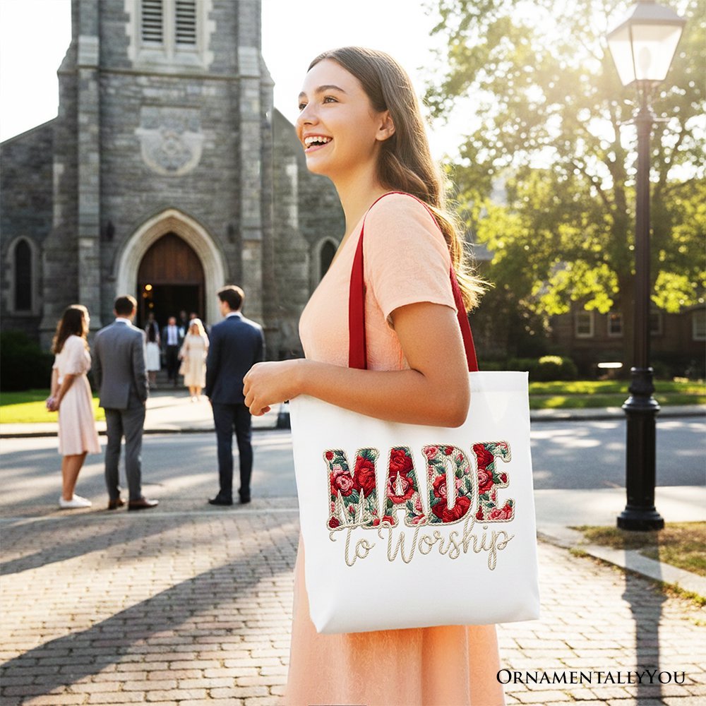 Made to Worship Printed Faux Yarn Crochet Christian Tote Bag, Floral Retro Faith Gift Shopper