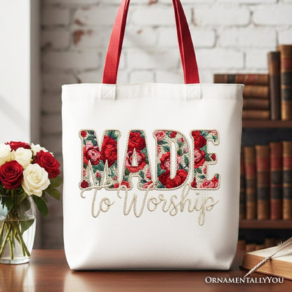 Made to Worship Printed Faux Yarn Crochet Christian Tote Bag, Floral Retro Faith Gift Shopper