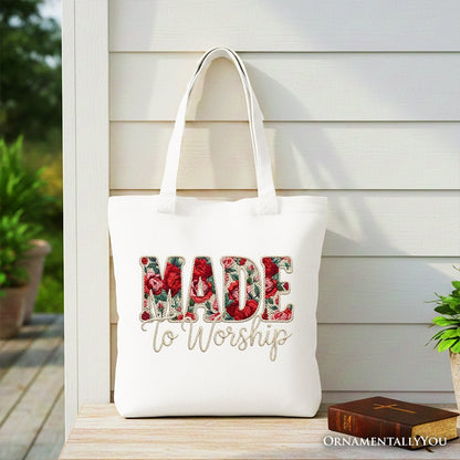 Made to Worship Printed Faux Yarn Crochet Christian Tote Bag, Floral Retro Faith Gift Shopper
