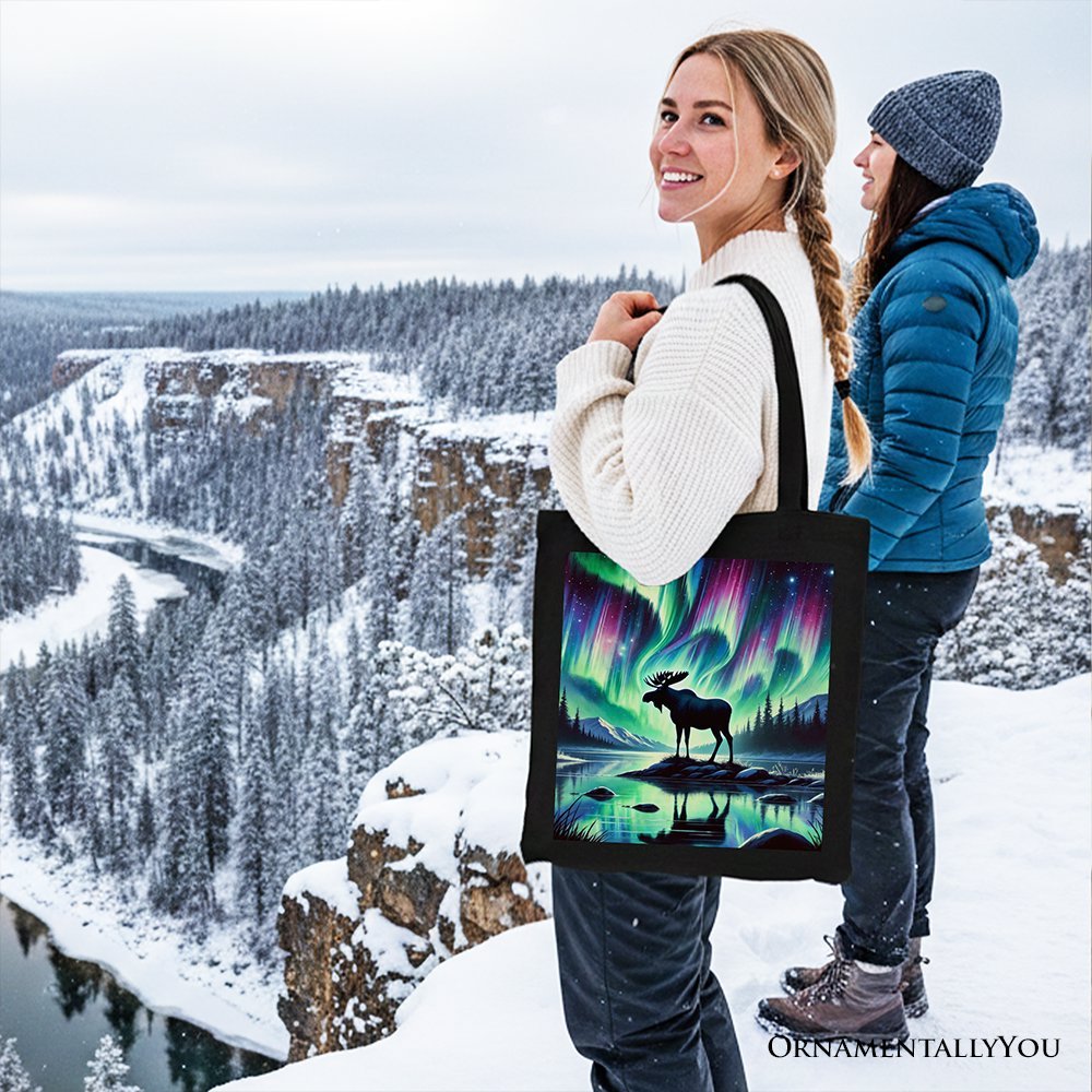 Majestic Moose Under Northern Lights Canvas Tote Bag, Gift Shopper for Enchanted Christmas