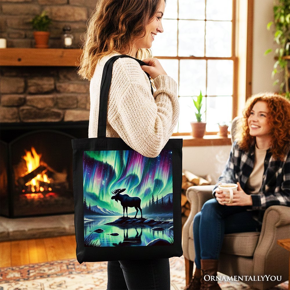 Majestic Moose Under Northern Lights Canvas Tote Bag, Gift Shopper for Enchanted Christmas