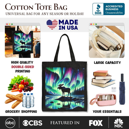 Majestic Moose Under Northern Lights Canvas Tote Bag, Gift Shopper for Enchanted Christmas