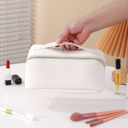 Makeup Bag White PU Leather Travel Cosmetic Organizer for Daily Use