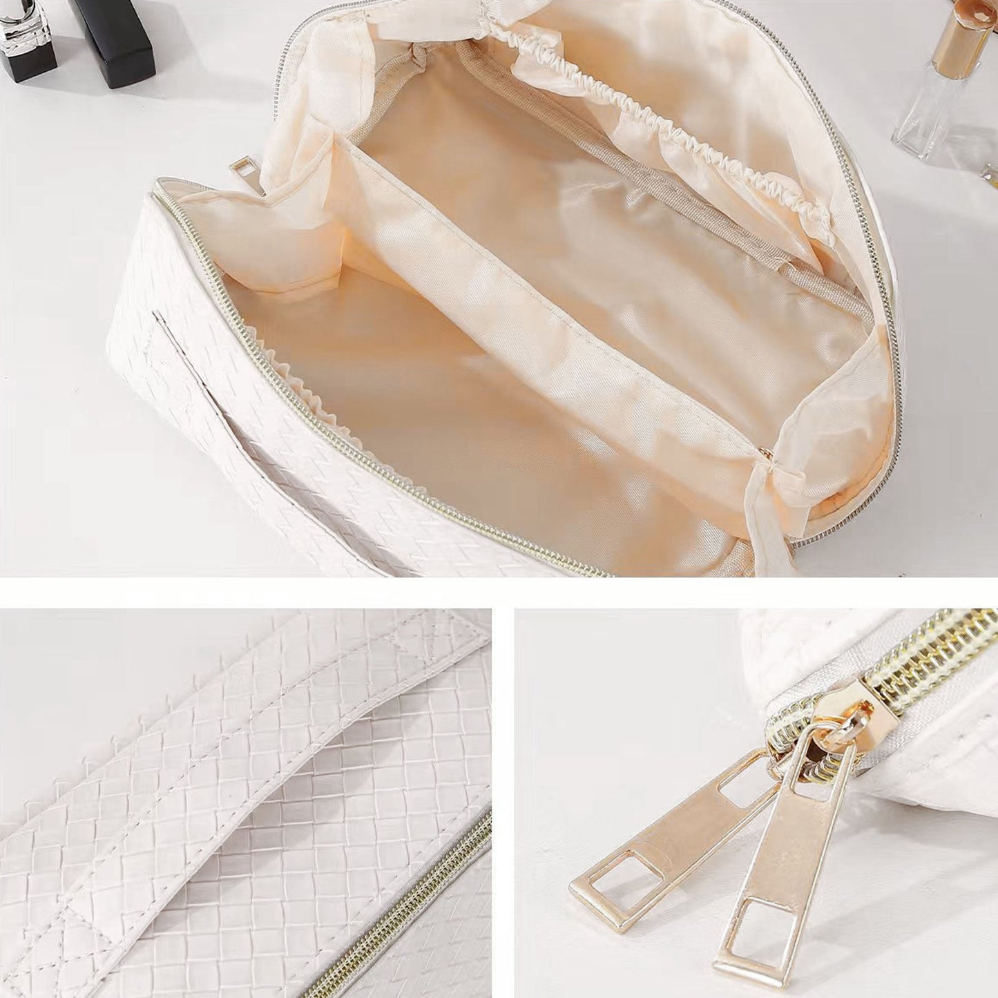 Makeup Bag White PU Leather Travel Cosmetic Organizer for Daily Use