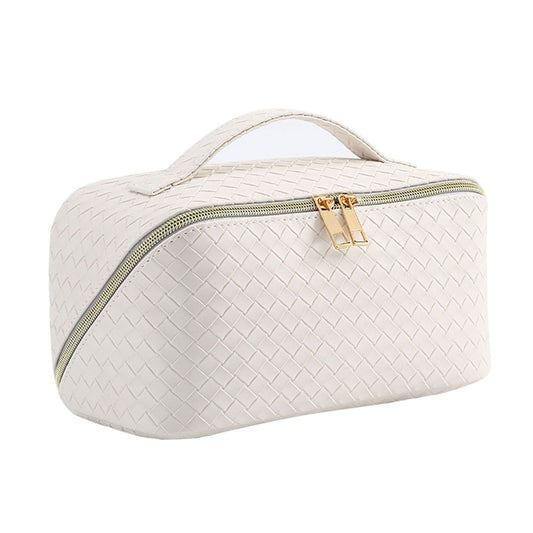 Makeup Bag White PU Leather Travel Cosmetic Organizer for Daily Use