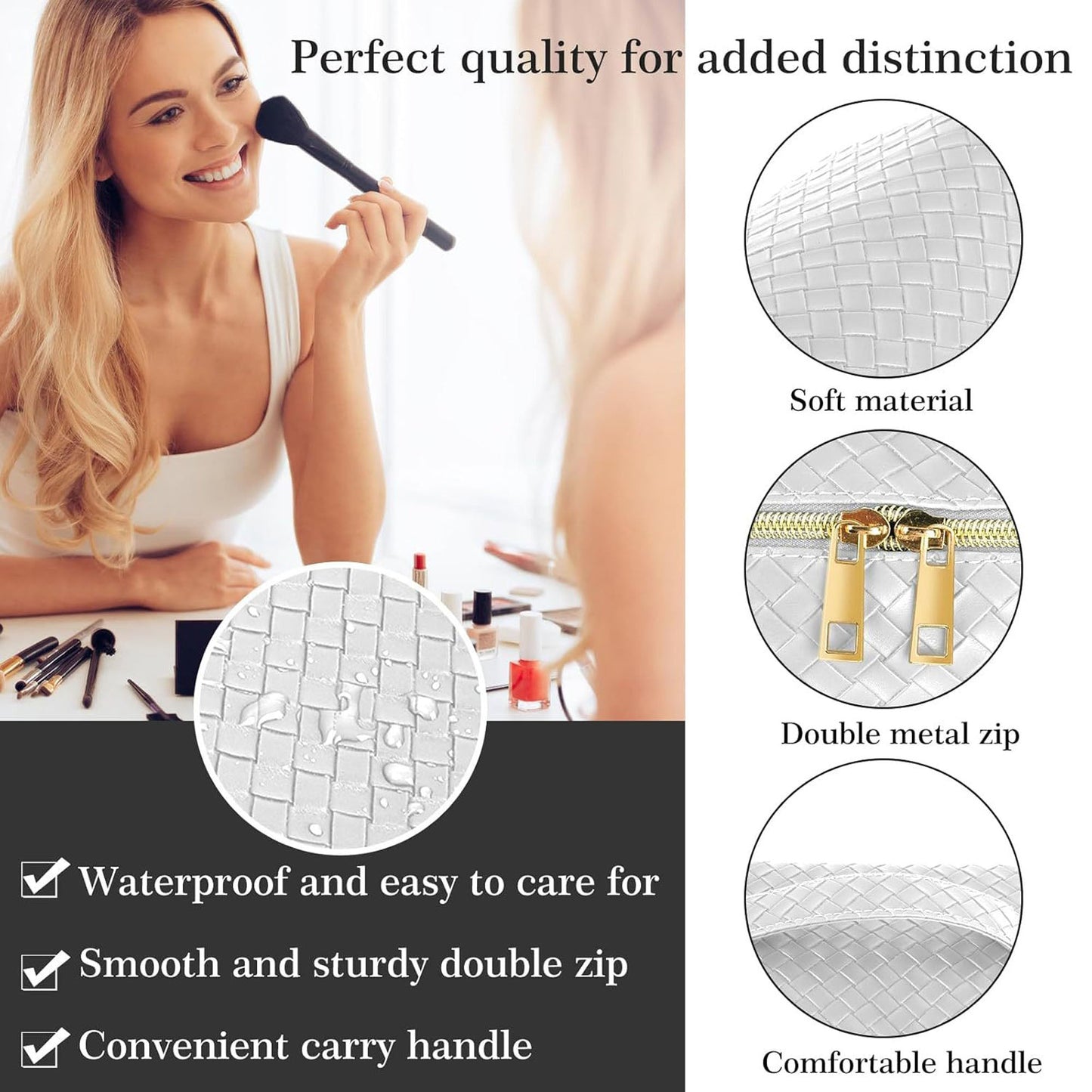 Makeup Bag White PU Leather Travel Cosmetic Organizer for Daily Use