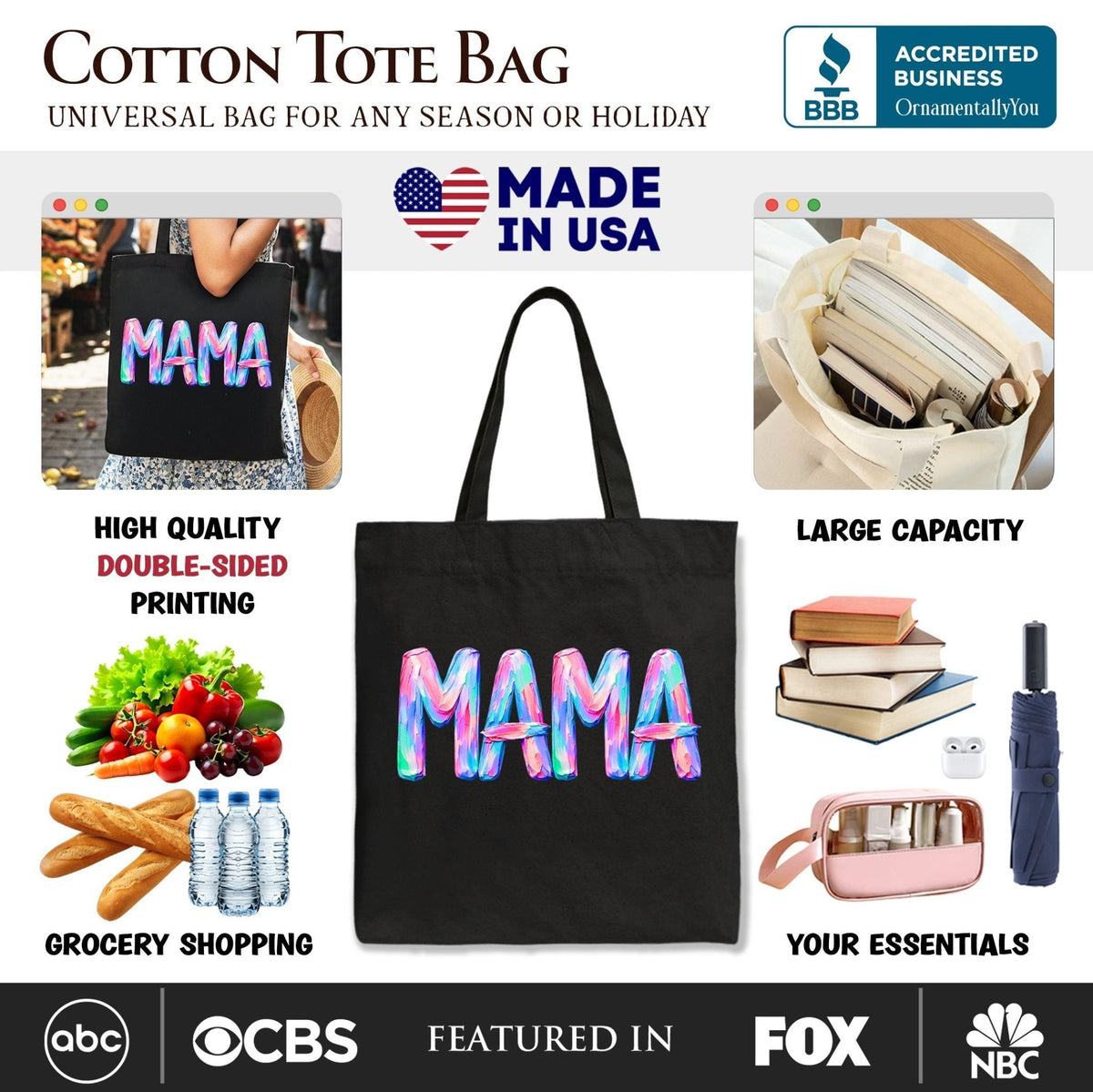 Mama Brushstroke Tote Bag, Printed Faux Oil Paint Colorful Trendy Mom Gift Shopper