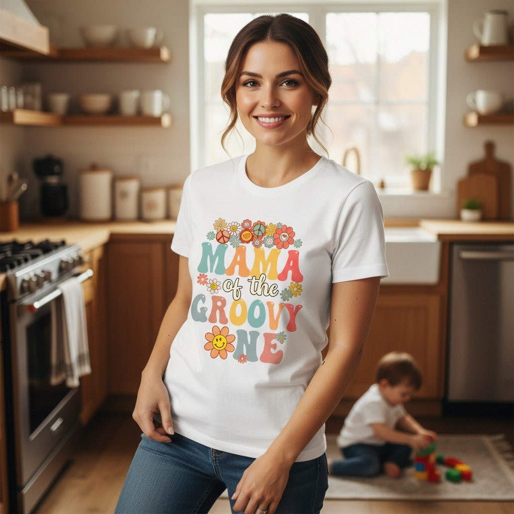 Mama Of The Groovy One T-Shirt Cotton Graphic Tee Mom Gift