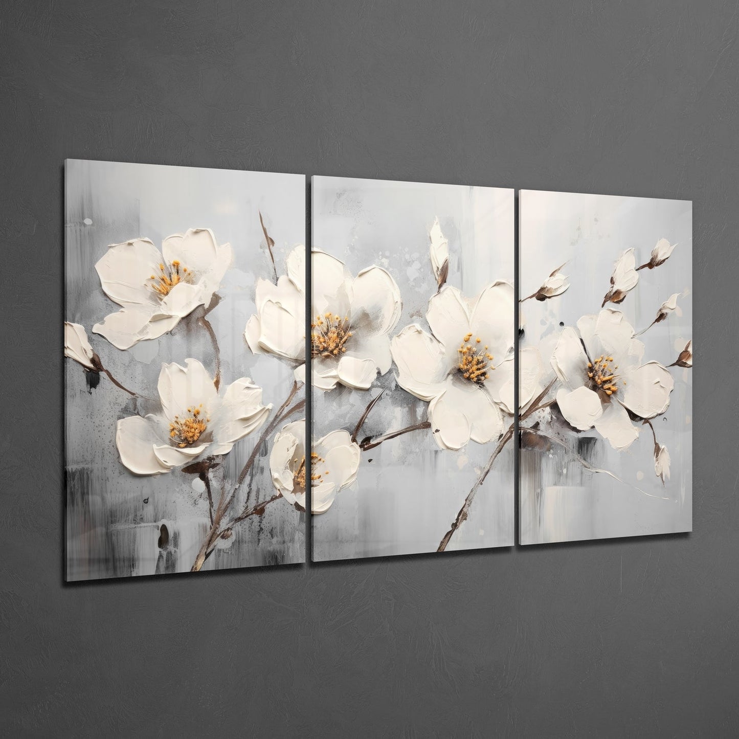 Three Panel Gray Impasto White Blossoms Glass Wall Art