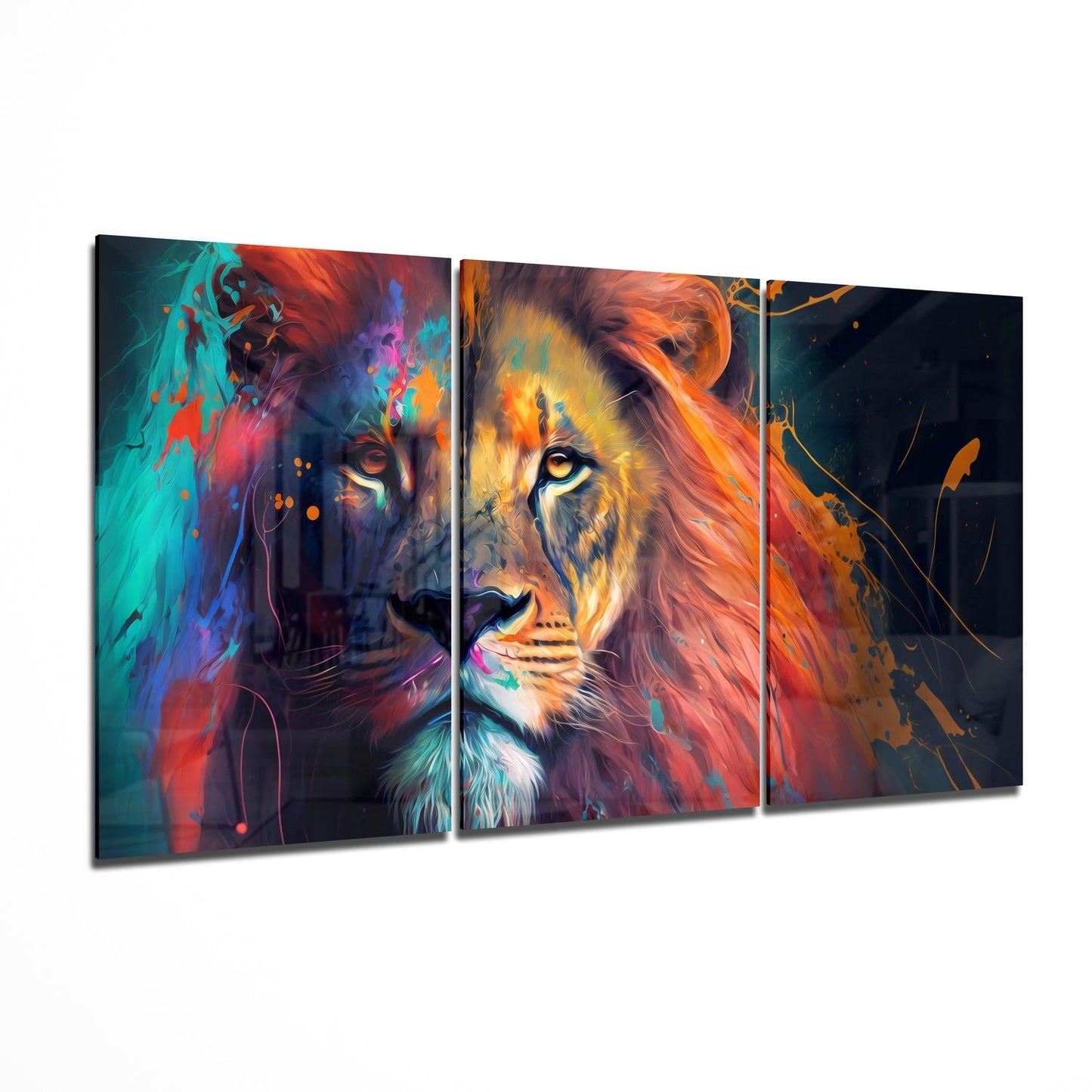 Teal and Red Paint Splash Lion Mega Glass Wall Art
