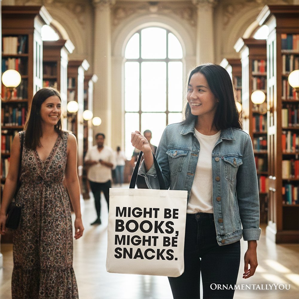 Might Be Books Might be Snacks Canvas Tote Bag, Minimalist Gift Shopper for Bookworms